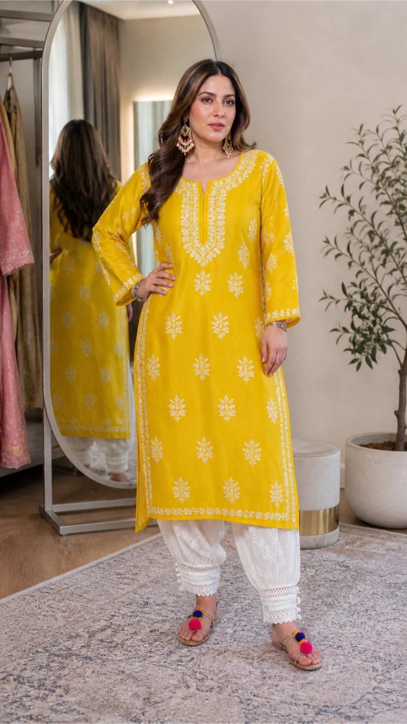 Yellow Chickenkari kurta with Afghani Salwar - photo 2