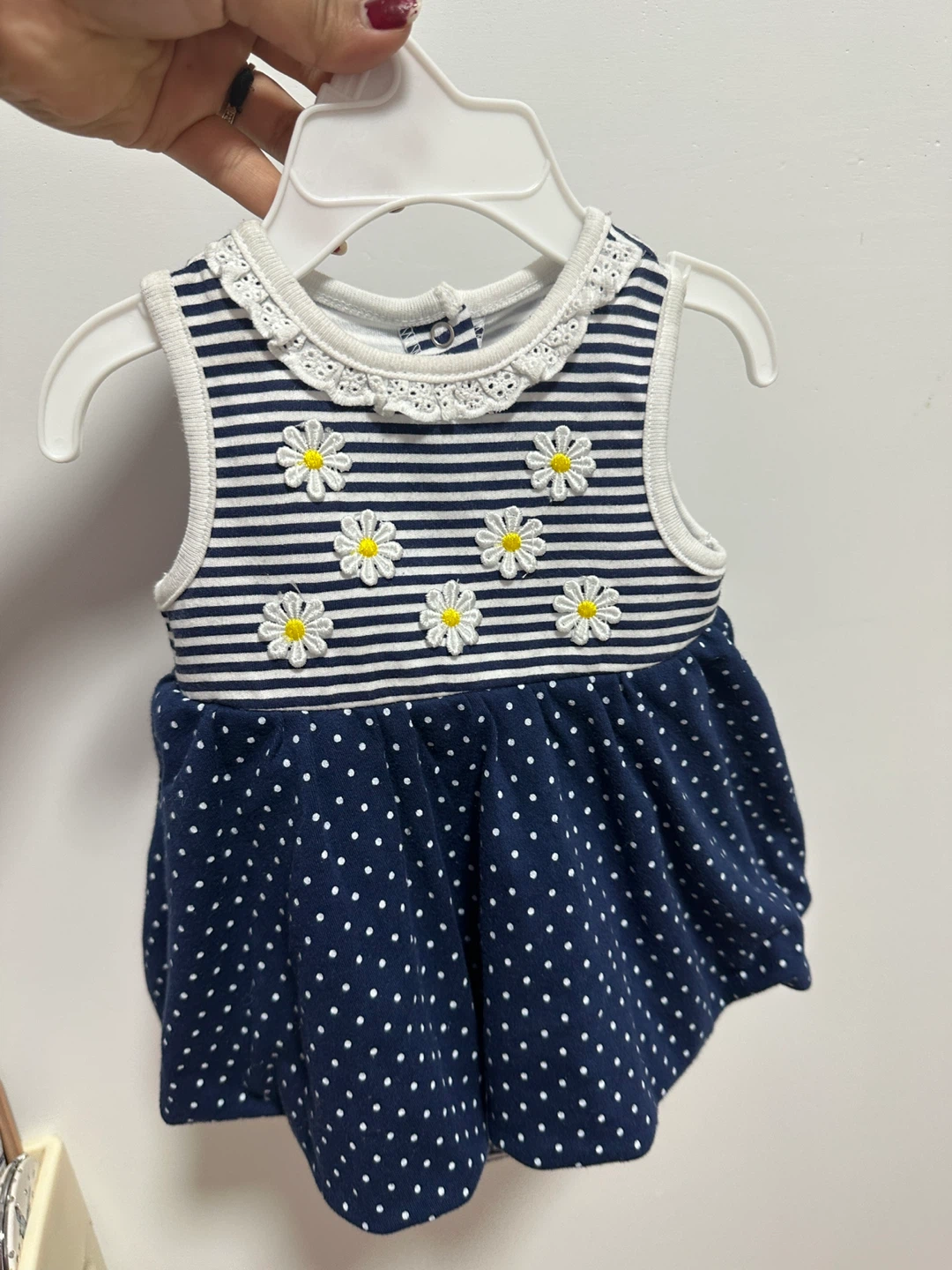 Baby Dress - Navy Blue with Daisies and Polka Dots
