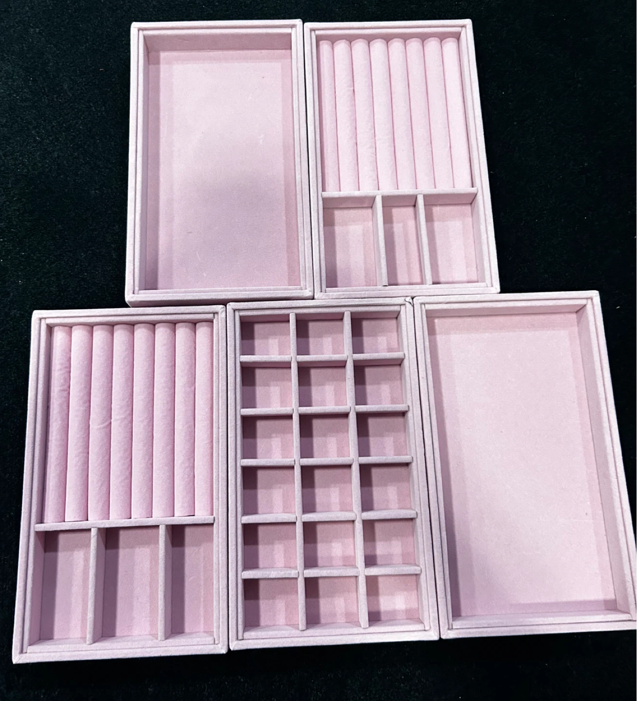 Set of 5- Pink Velvet Jewelry Organizer Tray Set