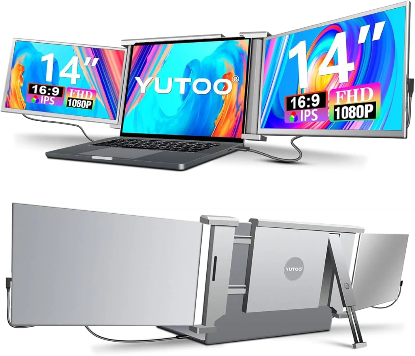 Triple Laptop Screen Extender 2×14” FHD IPS 315° - Plug & Play