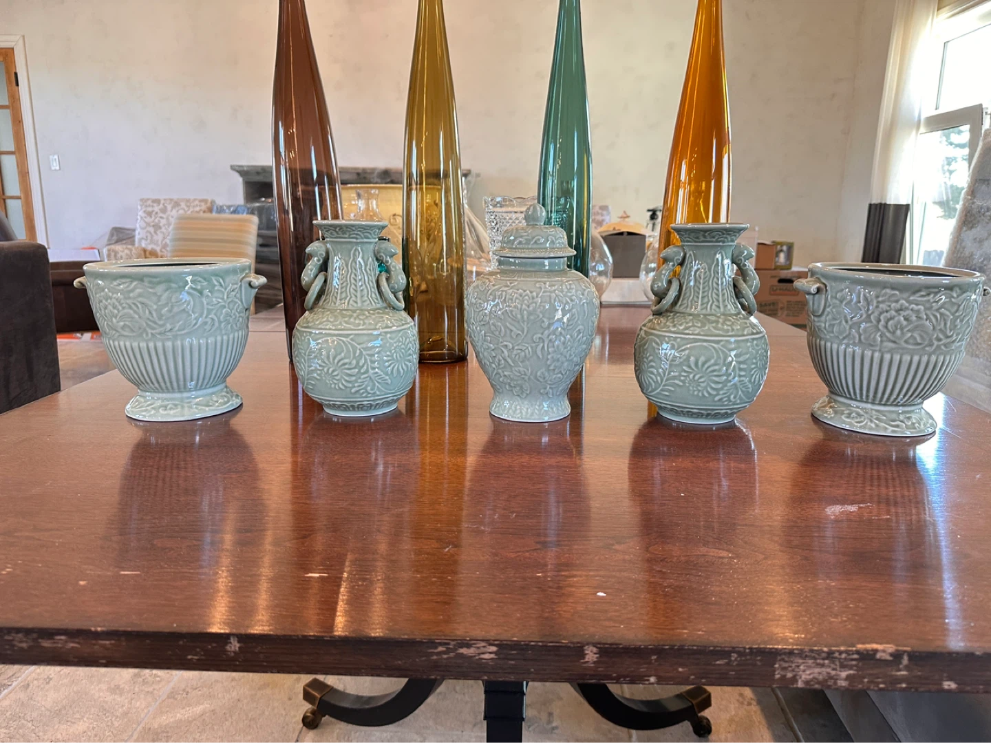 5pc Elegant Green Ceramic Decorative Vase Set