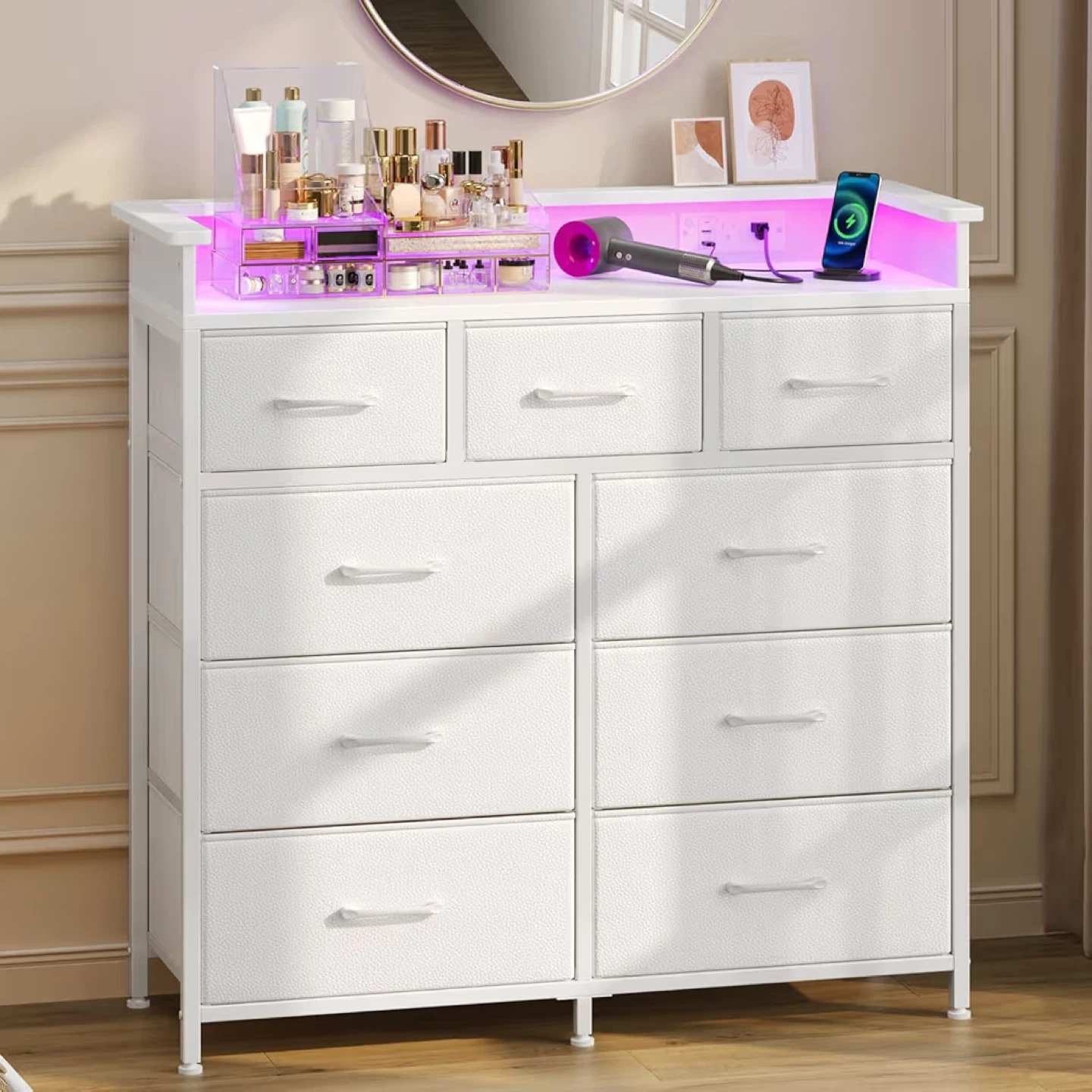 White 9-Drawer Dresser with RGB LED Lights