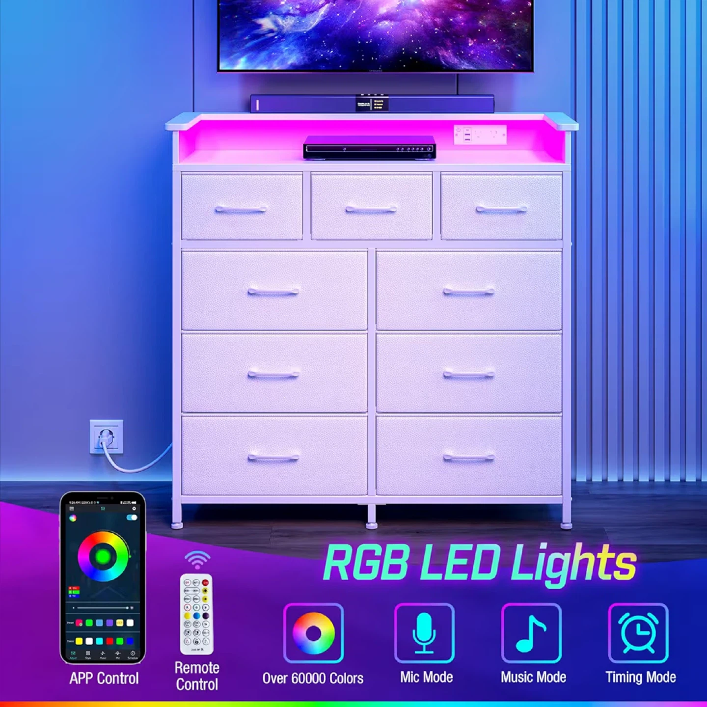 White 9-Drawer Dresser with RGB LED Lights - photo 5