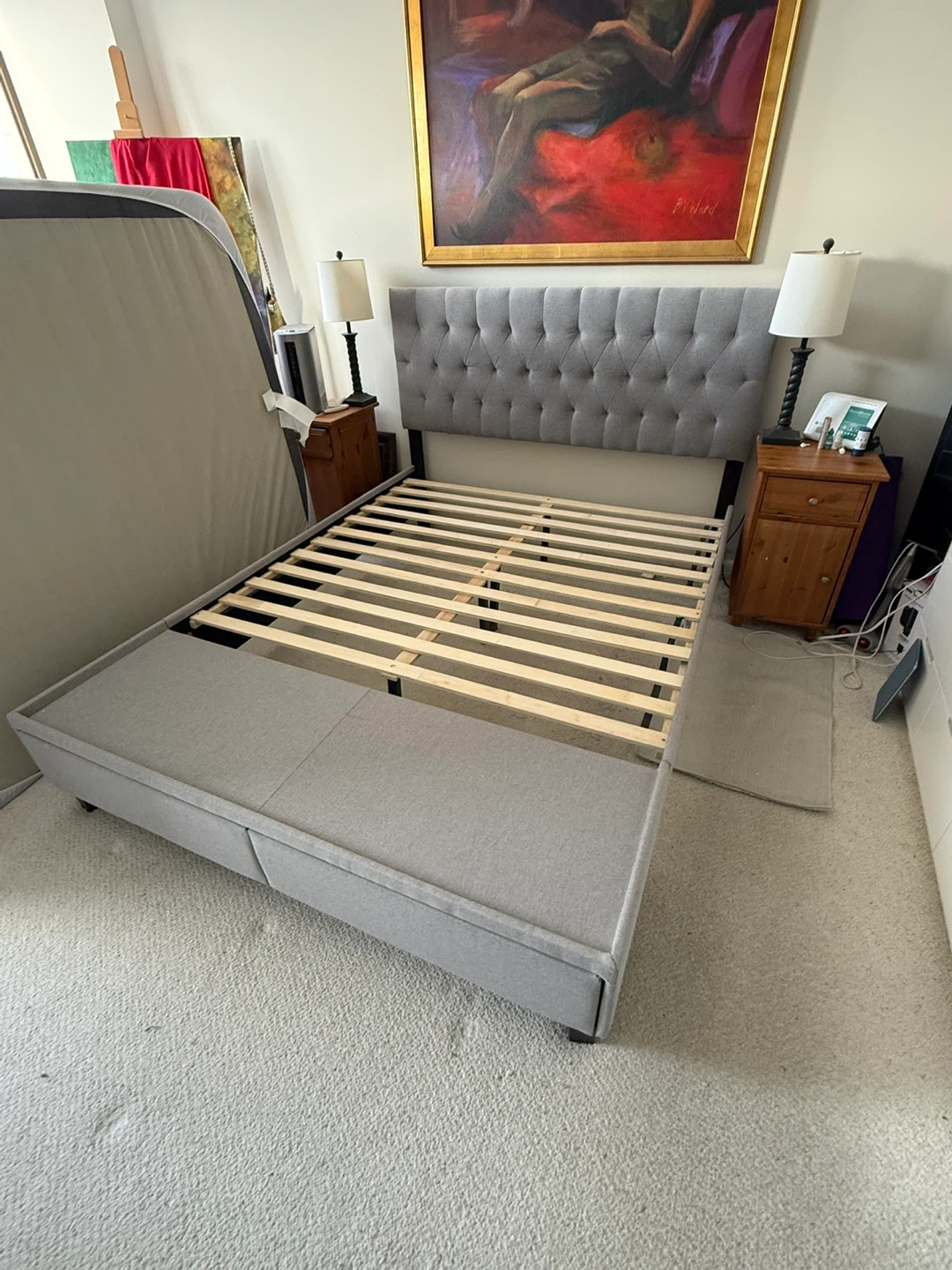 Grey Upholstered Storage Bed Frame with Headboard