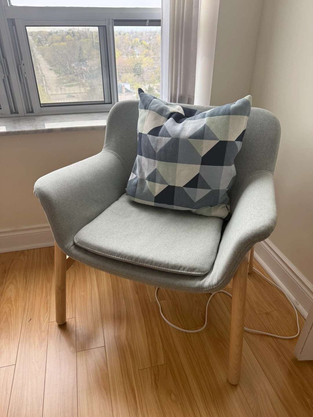 Grey Accent Chair with Geometric Pillow- ikea Vedbo chair