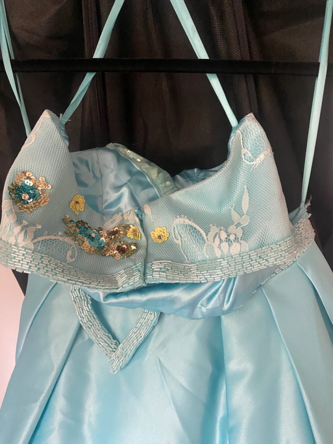 Light Blue Beaded Halter Neck Prom Dress