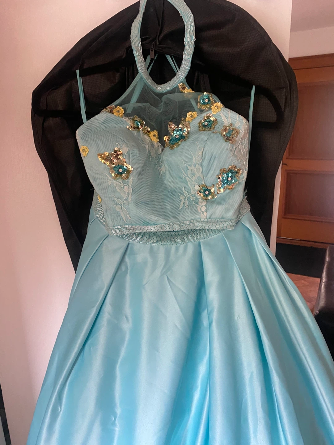 Light Blue Beaded Halter Neck Prom Dress - photo 5