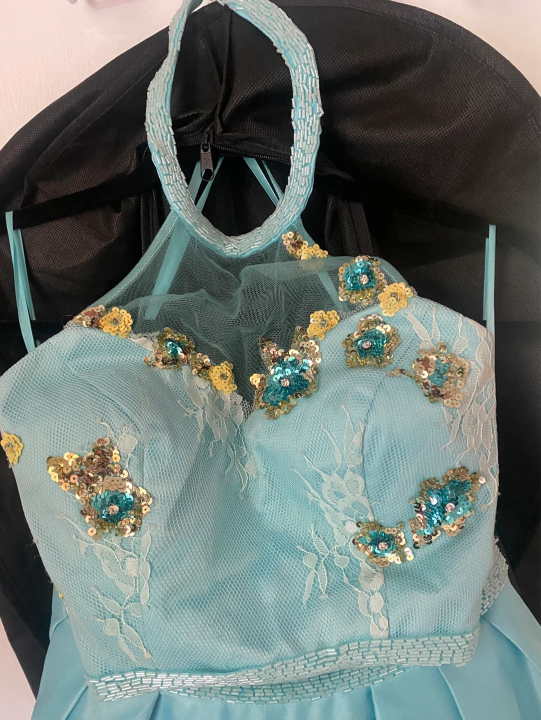 Light Blue Beaded Halter Neck Prom Dress - photo 2