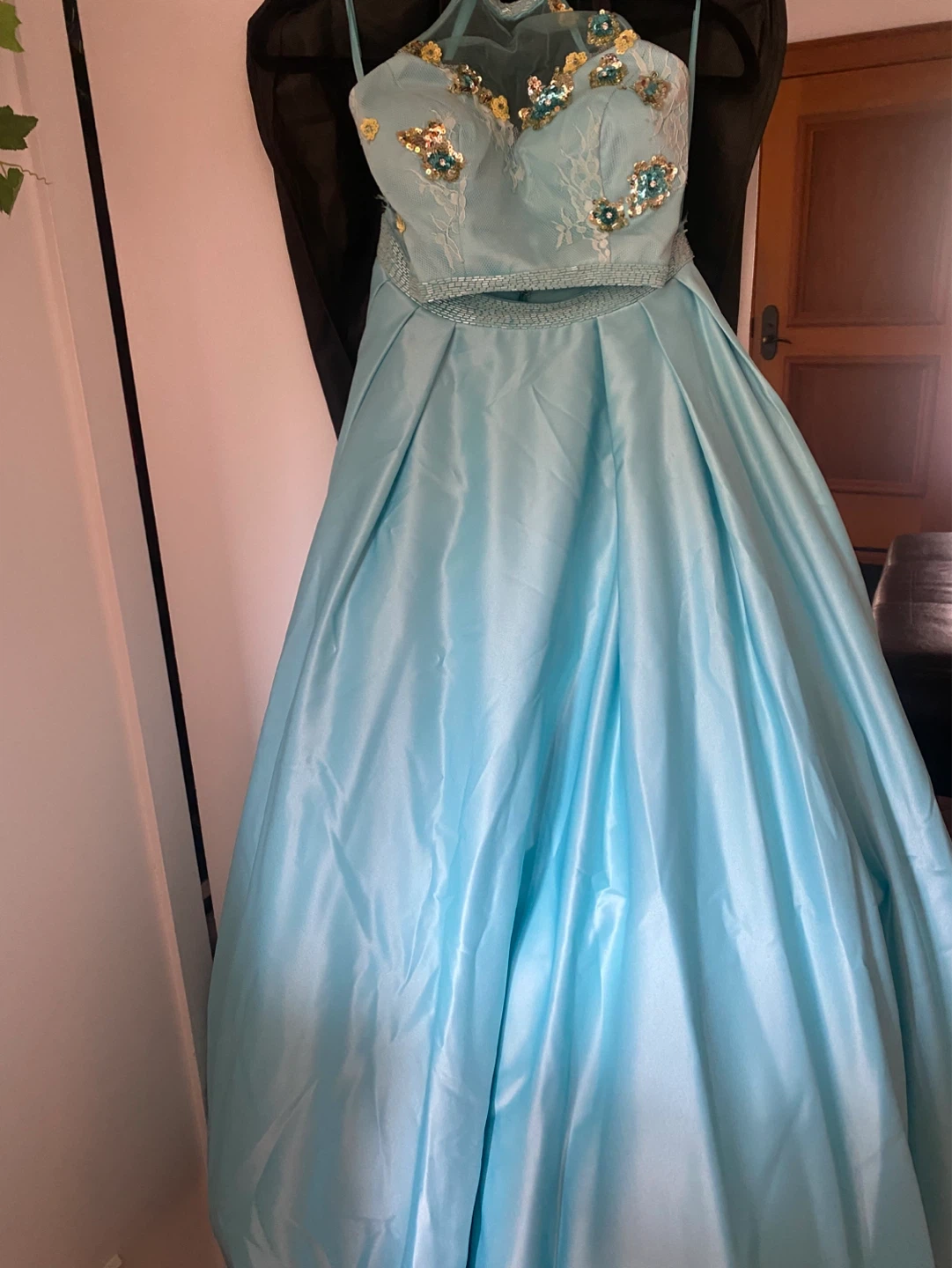 Light Blue Beaded Halter Neck Prom Dress - photo 4