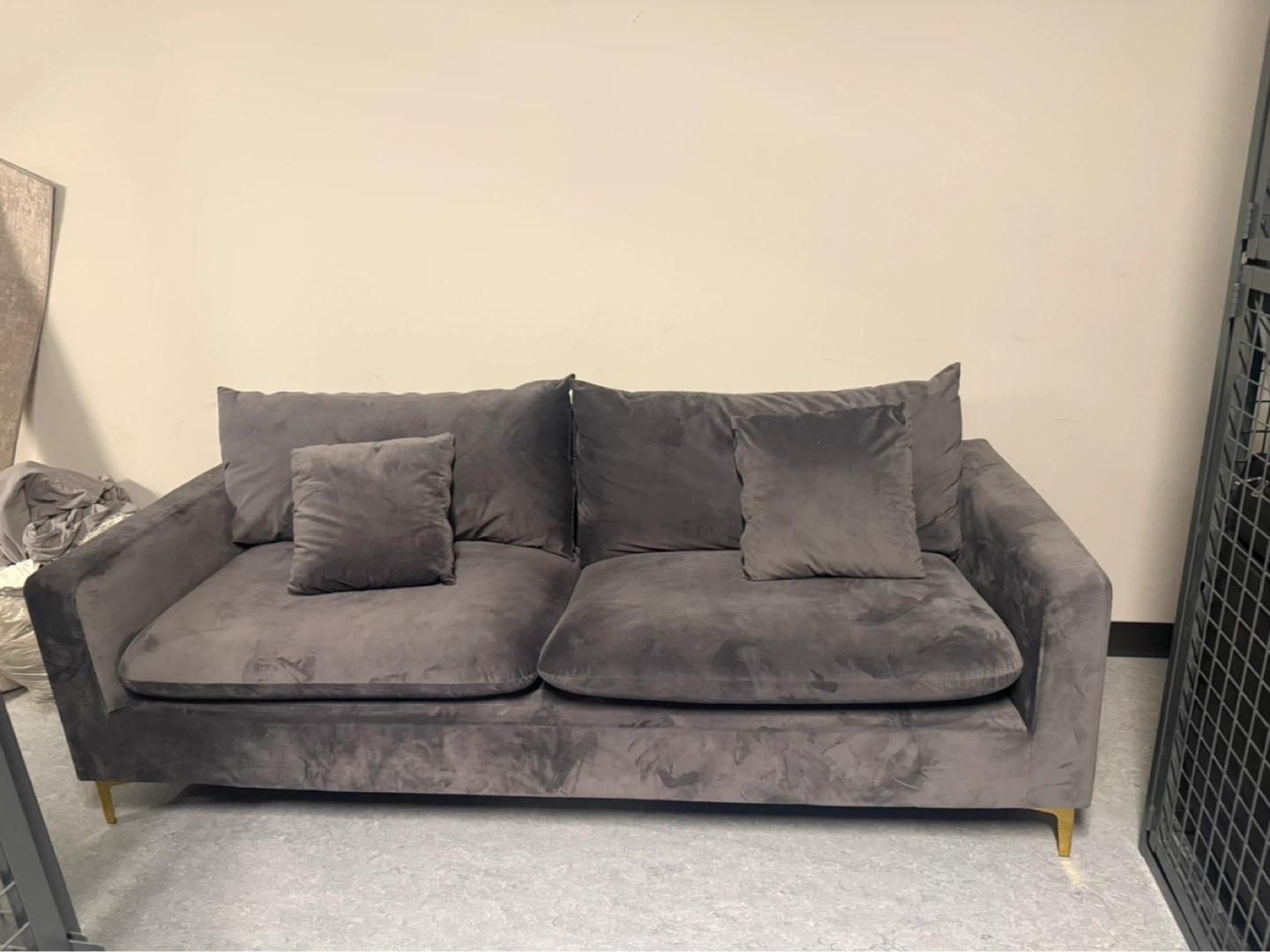 Grey Velvet Sofa with Accent Pillows