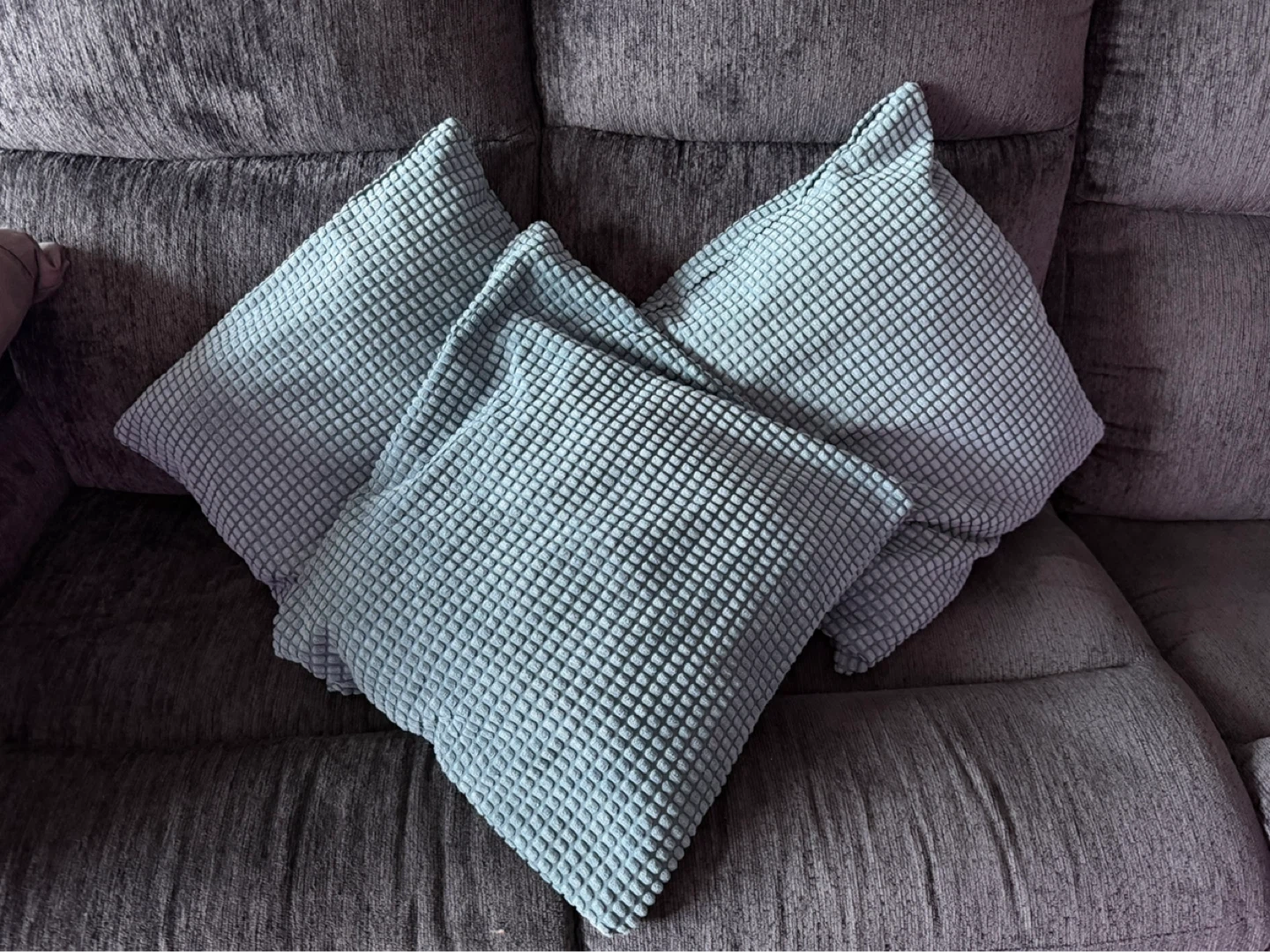 Set of 3 Light Blue Textured Throw Pillows