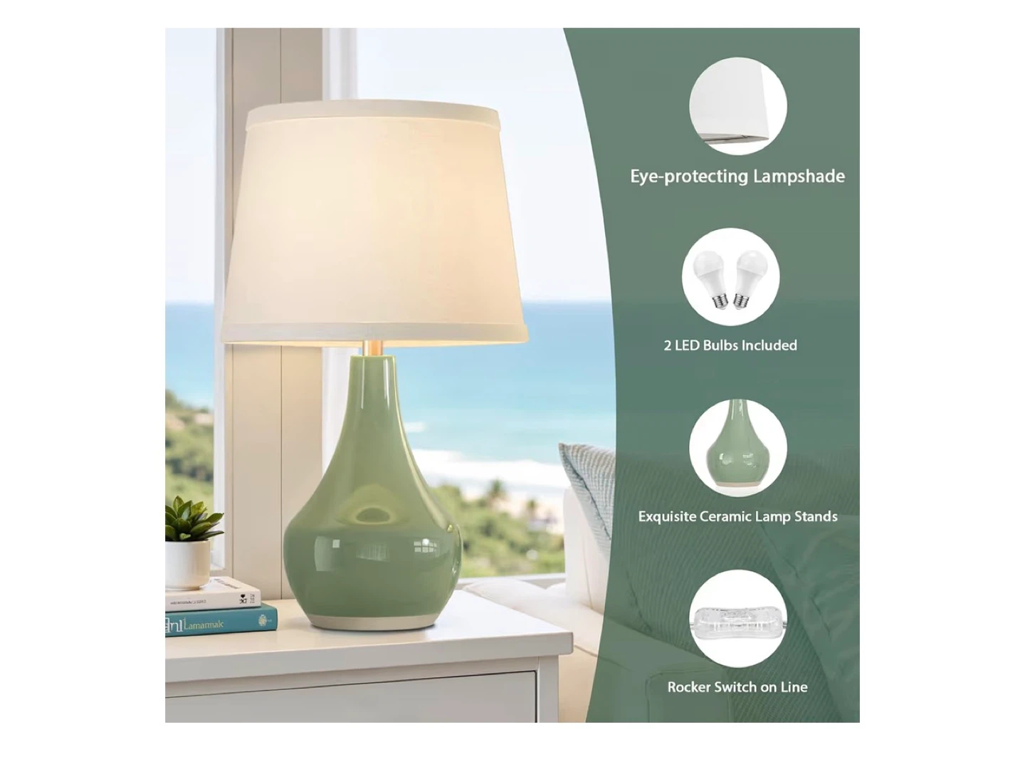 Set of 2 Green Ceramic Table Lamps with White Lampshades - photo 2