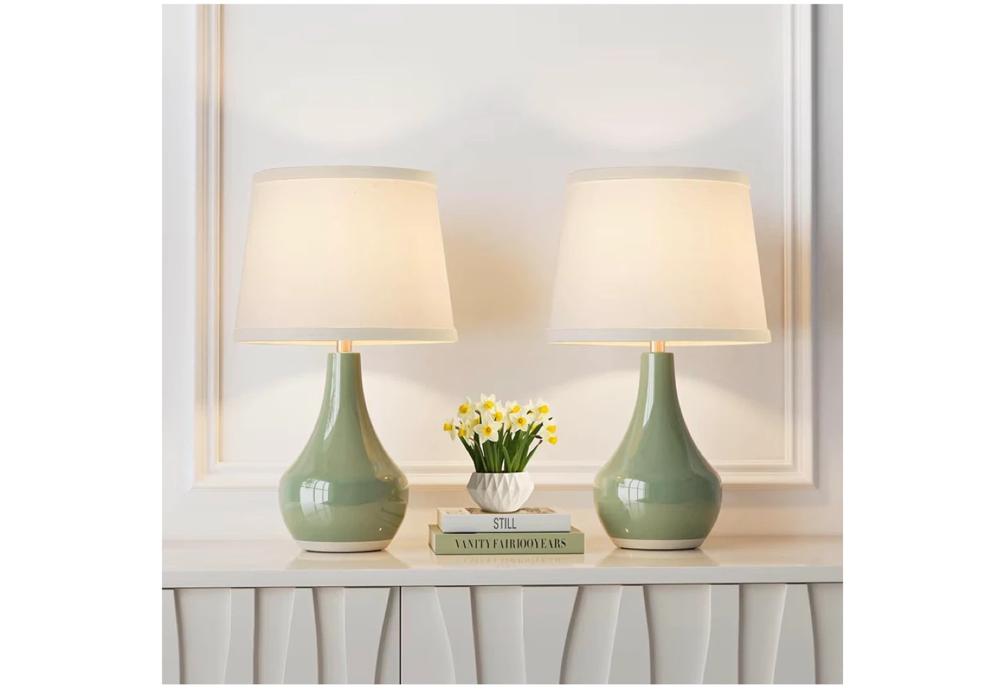 Set of 2 Green Ceramic Table Lamps with White Lampshades - photo 3