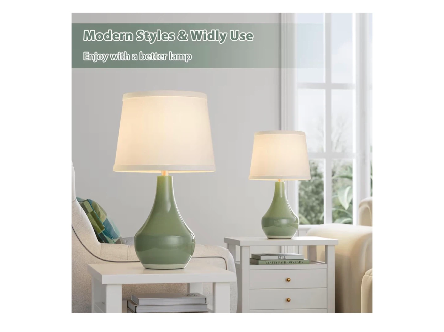 Set of 2 Green Ceramic Table Lamps with White Lampshades - photo 4