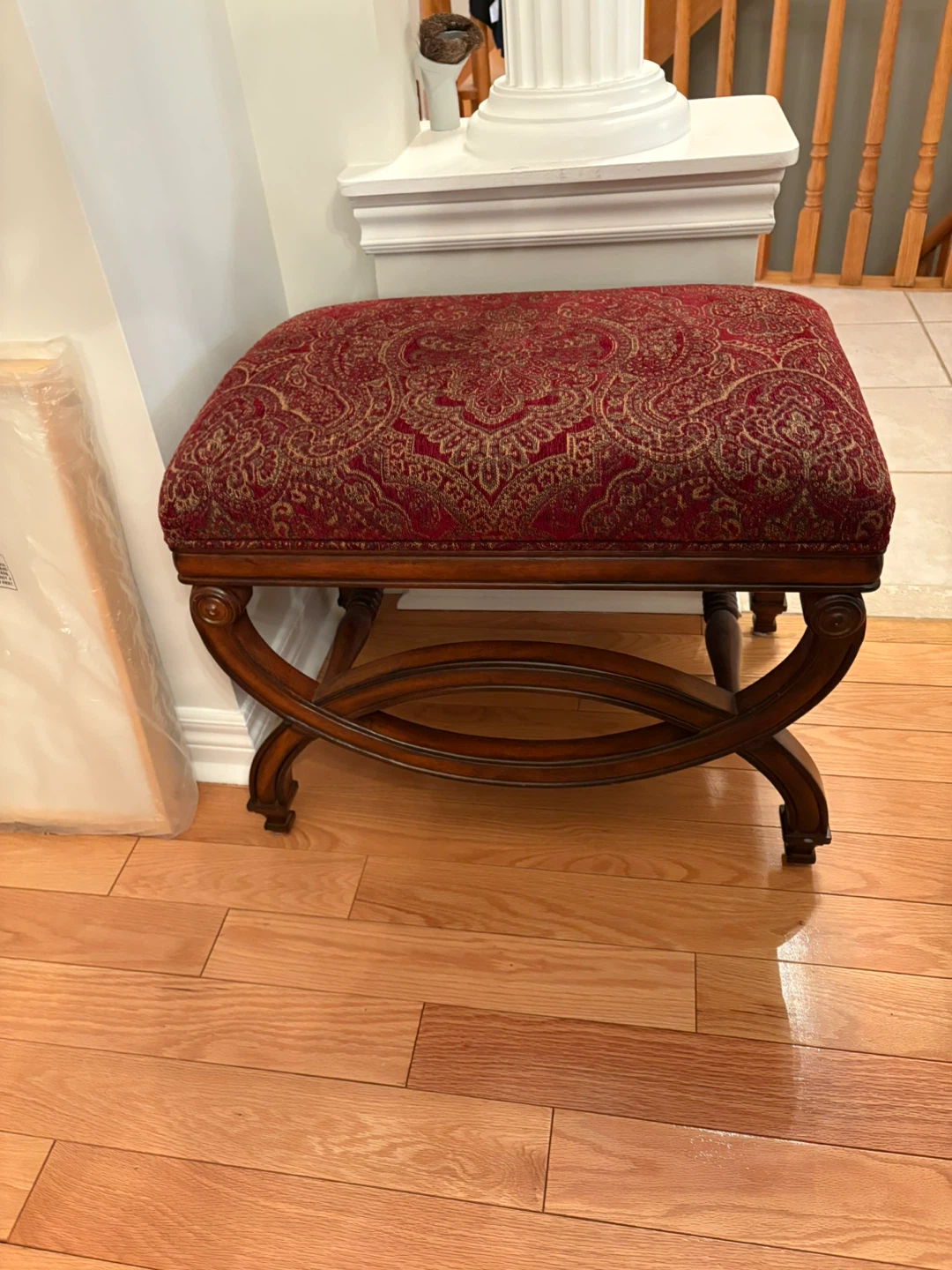 Bench with Red Patterned Fabric