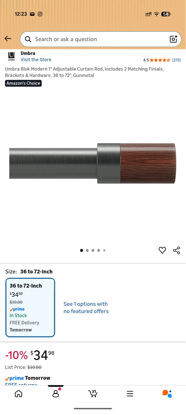 Umbra Blok Modern Adjustable Curtain Rod (36-72 inch, Gunmetal) - photo 4