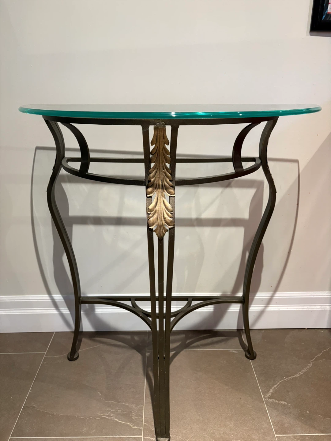 Half-Round Glass Top Console Table with Metal Base