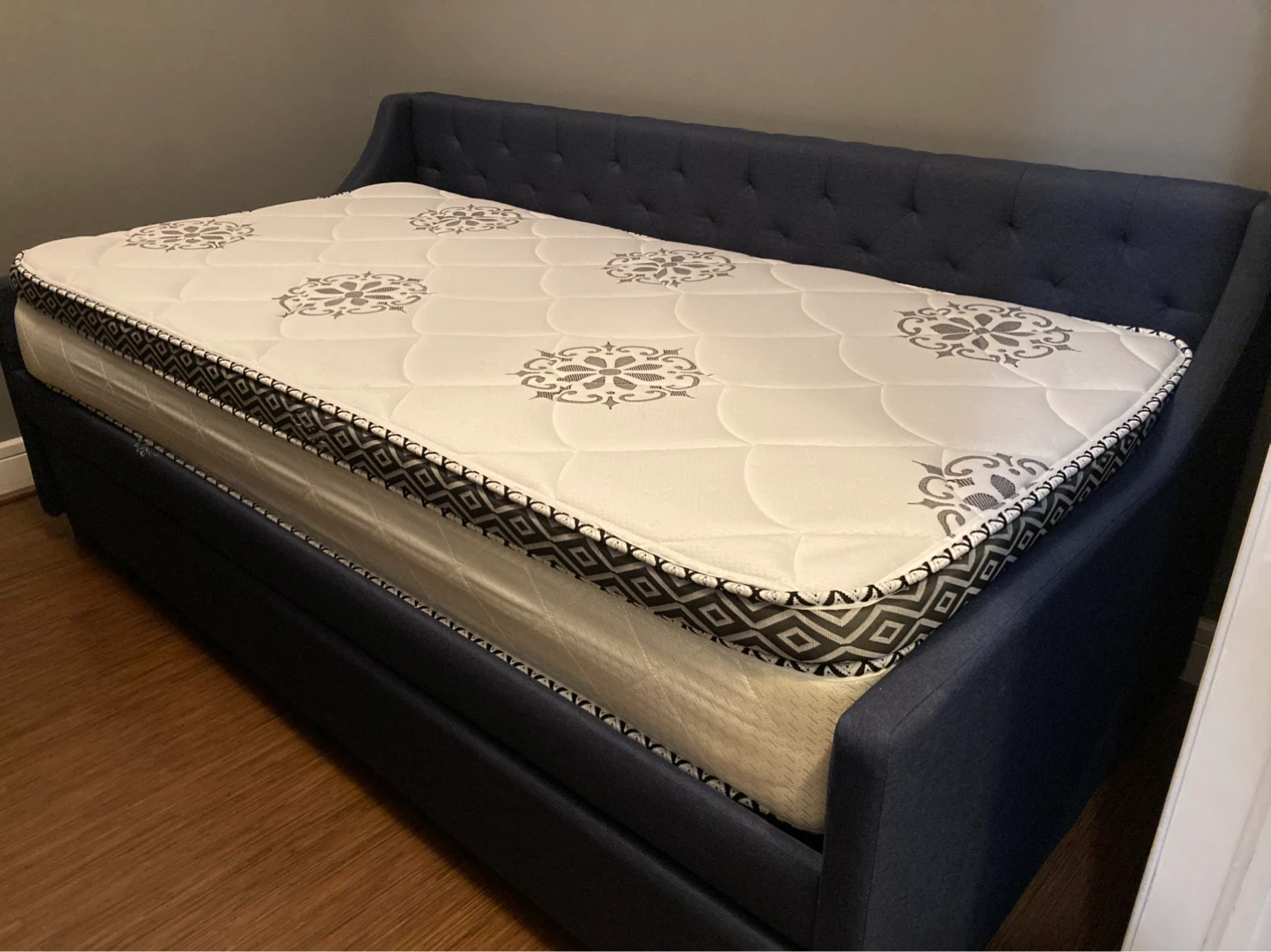 Dark Blue Upholstered Twin Daybed with Trundle and Mattress