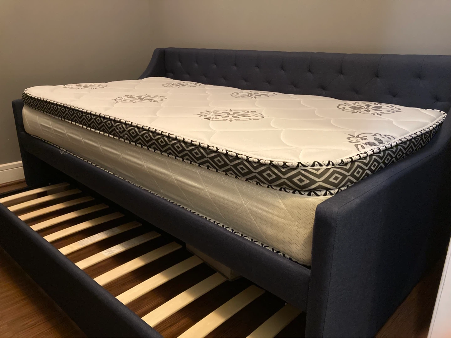 Dark Blue Upholstered Twin Daybed with Trundle and Mattress - photo 2