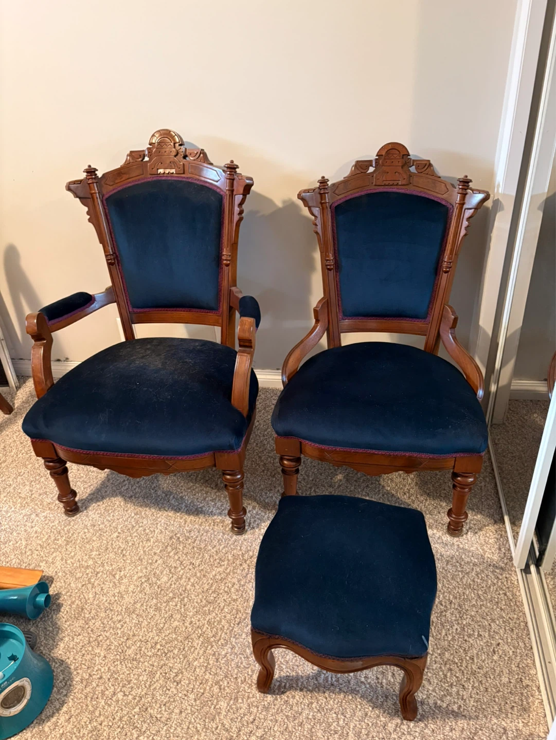 Antique Wood Armchairs with Navy Blue Upholstery (Set of 2)