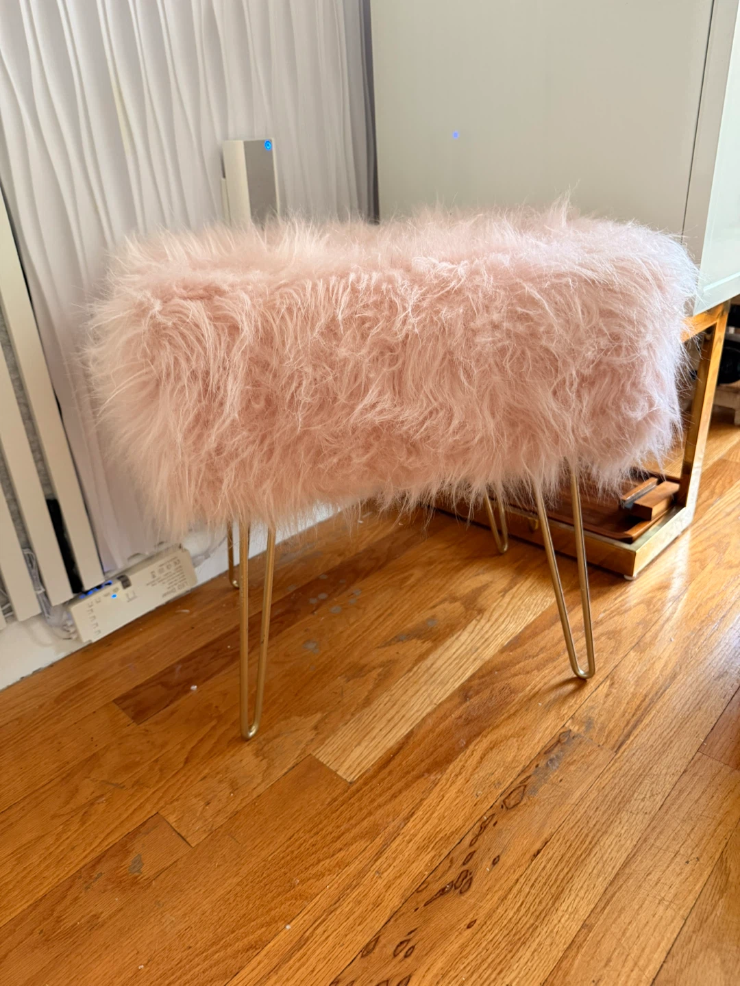 Pink Faux Fur Stool with Gold Legs