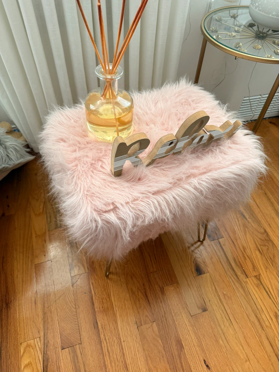 Pink Faux Fur Stool with Gold Legs - photo 4
