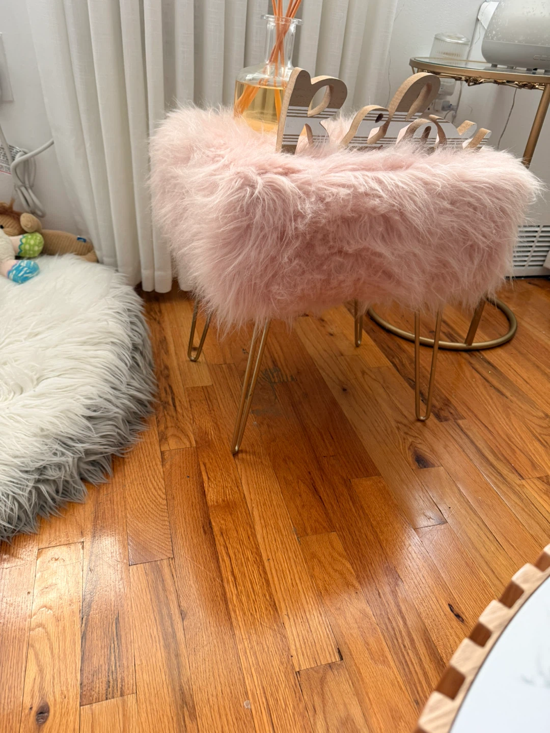Pink Faux Fur Stool with Gold Legs - photo 2