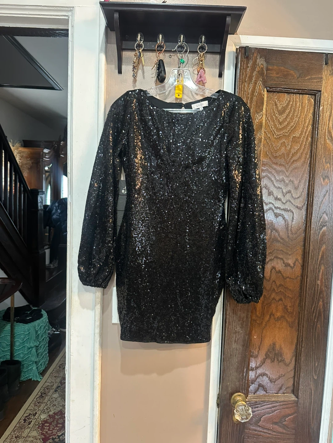 LILOU Black Sequin Long Sleeve Mini Dress Size S
