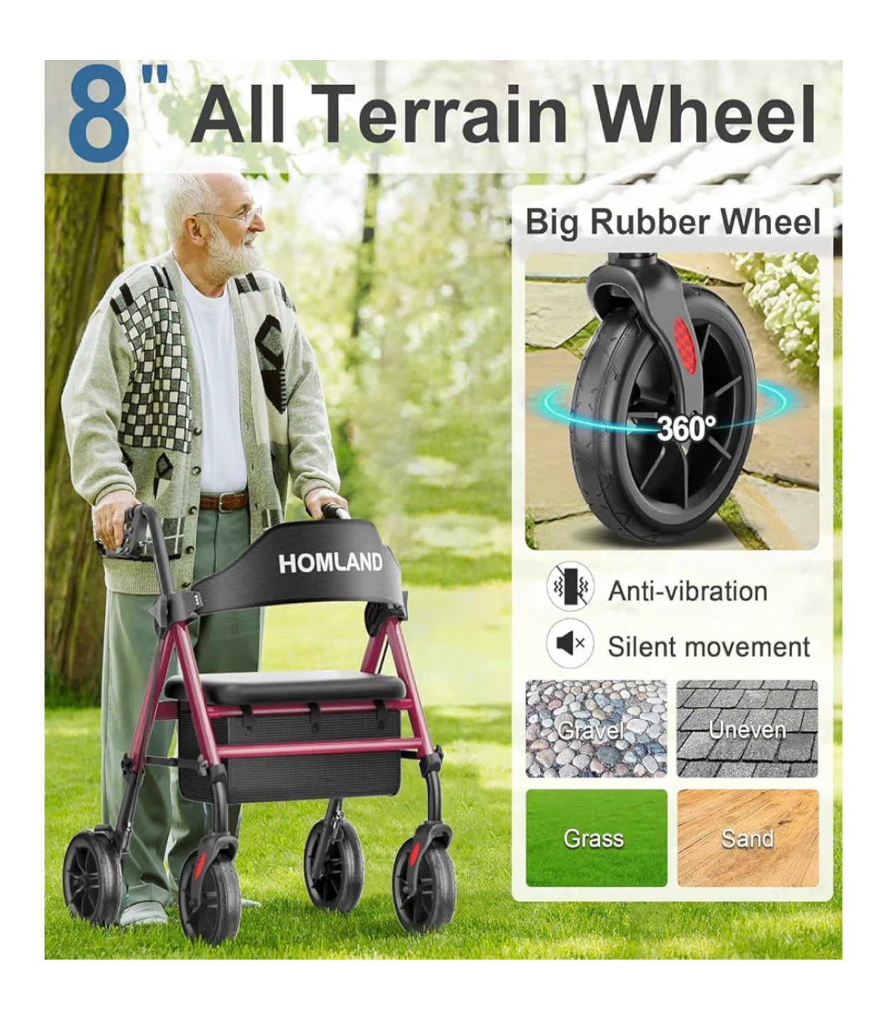 HOMLAND Rollator Walker with Seat and Cup Holder - photo 3