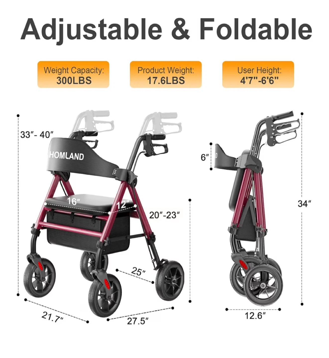 HOMLAND Rollator Walker with Seat and Cup Holder - photo 5