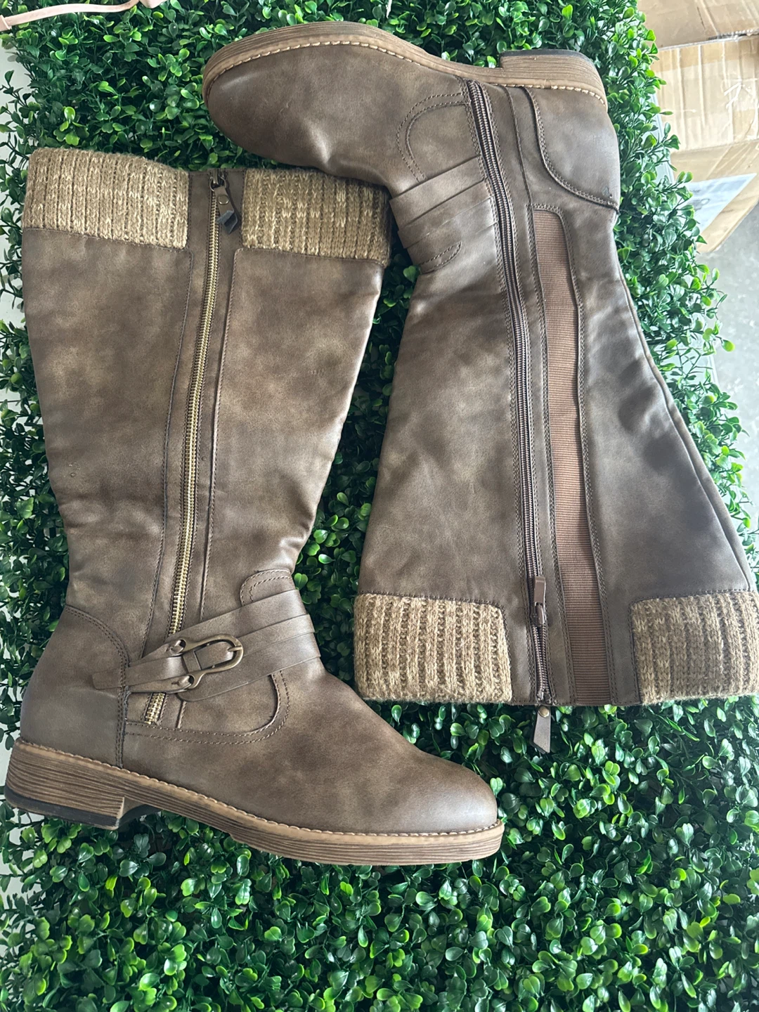 Women's Brown Knee-High Boots with Knit Cuffs - photo 2