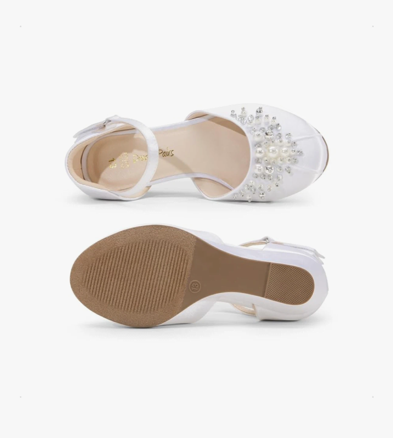 White Satin Wedge Shoes with Rhinestones & Pearls - photo 4