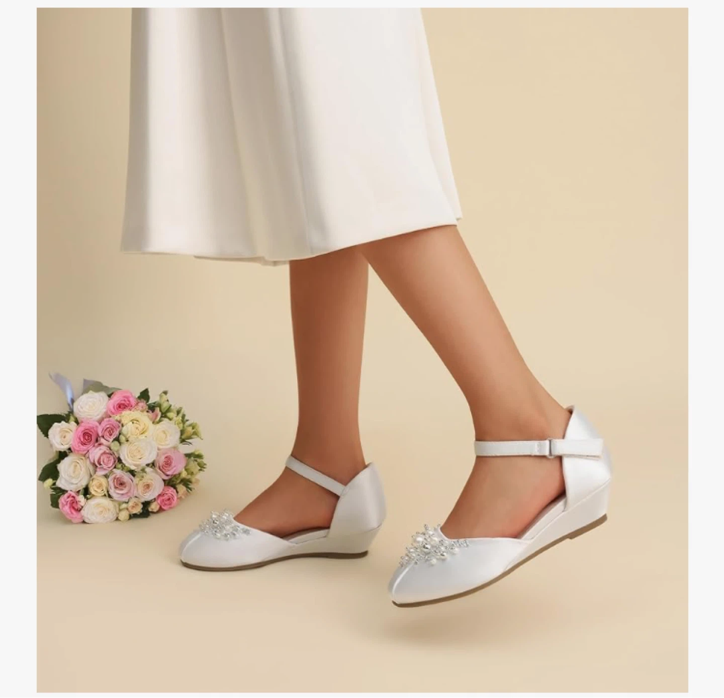 White Satin Wedge Shoes with Rhinestones & Pearls - photo 5
