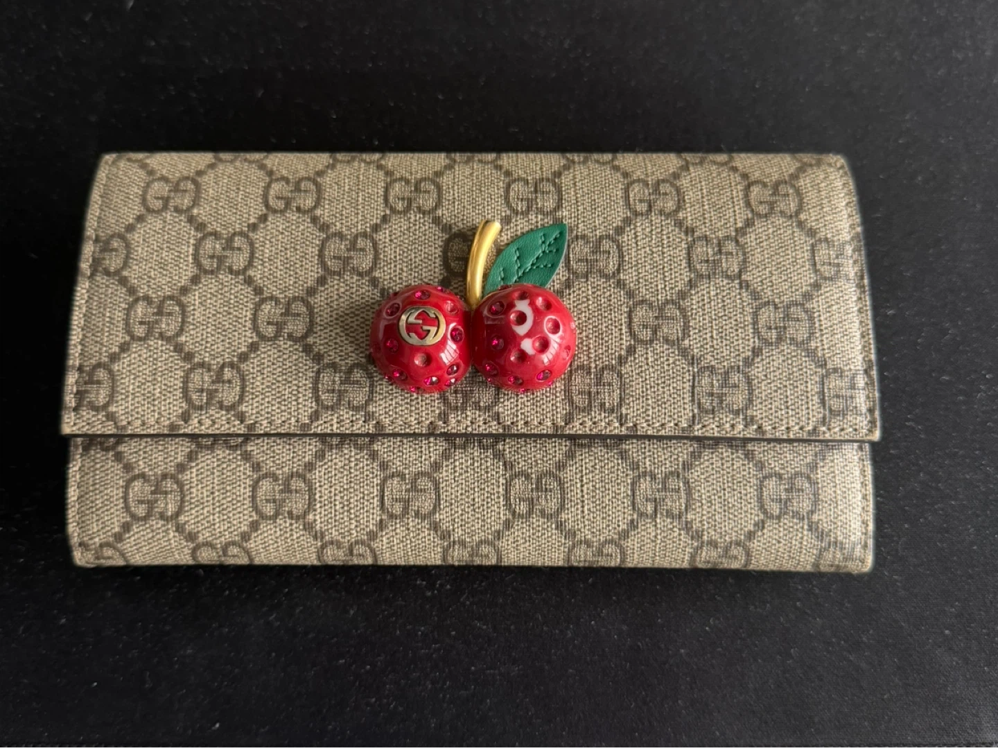 Gucci Monogram Wallet with Cherry Embellishment