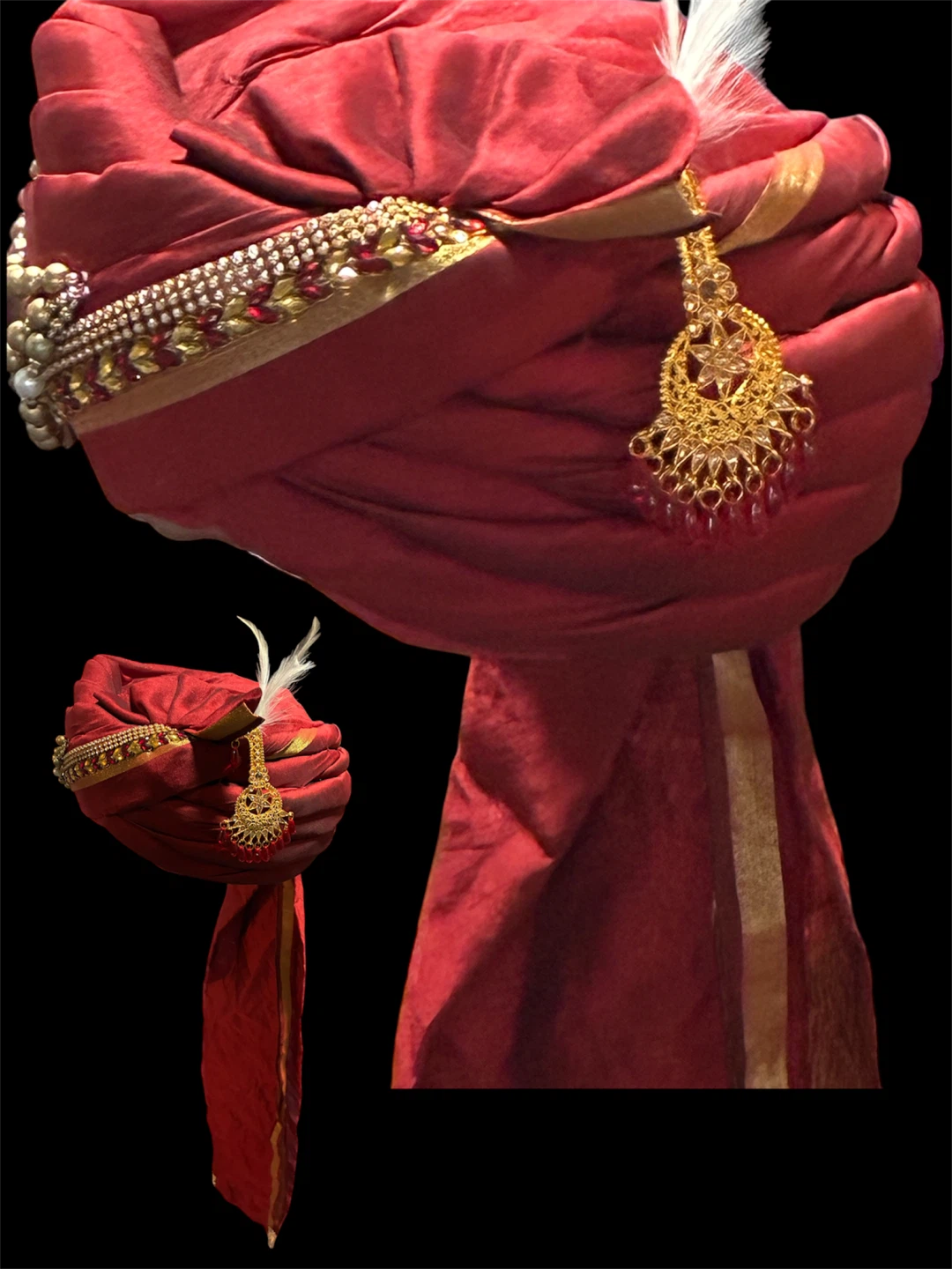 Red Turban with Gold and Pearl Embellishments
