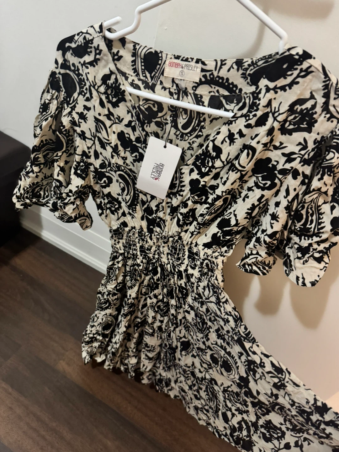 Bombay Paisley Black & White Floral Smocked Waist Dress