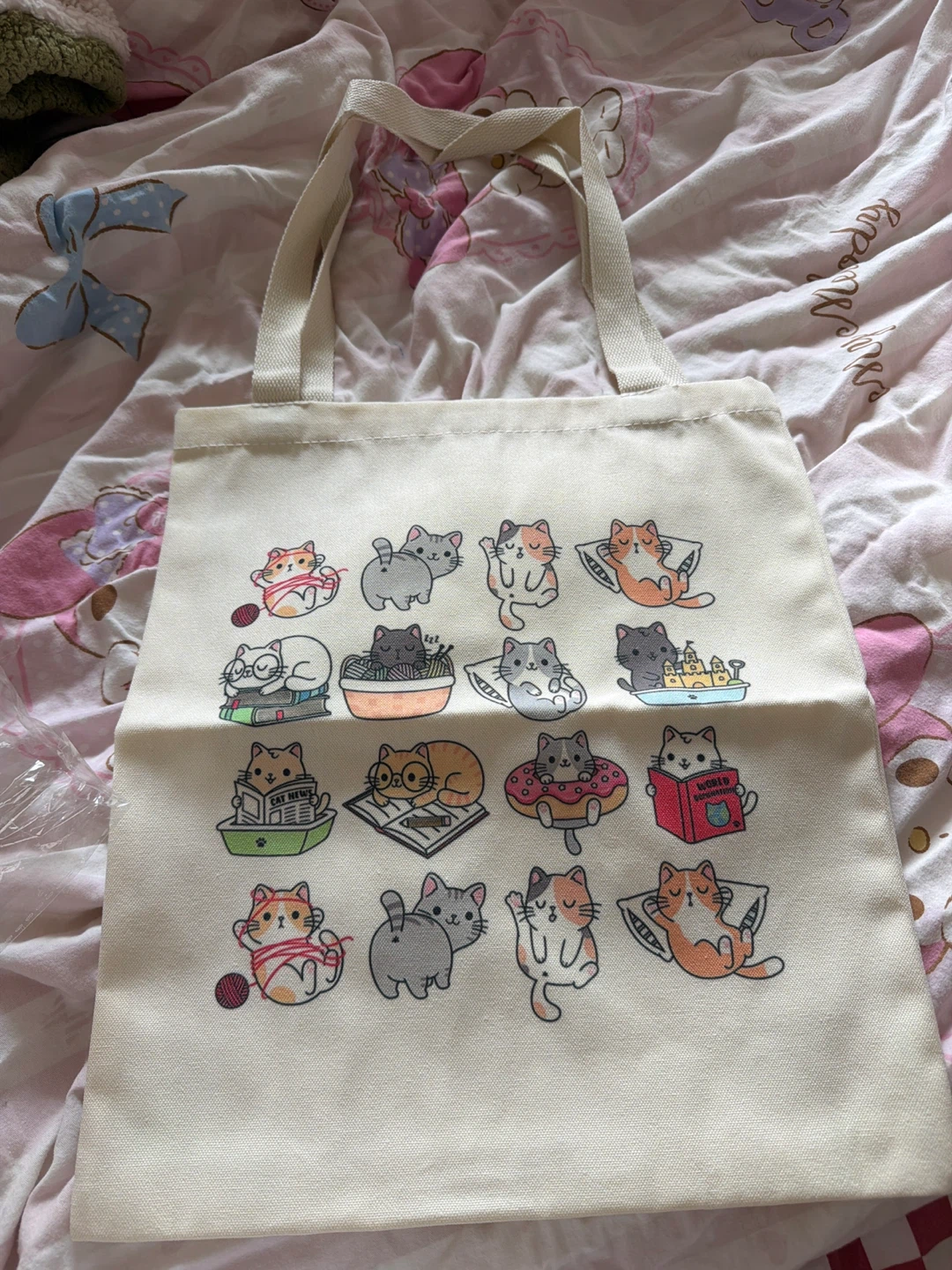 Canvas Tote Bag with Cute Cat Illustrations