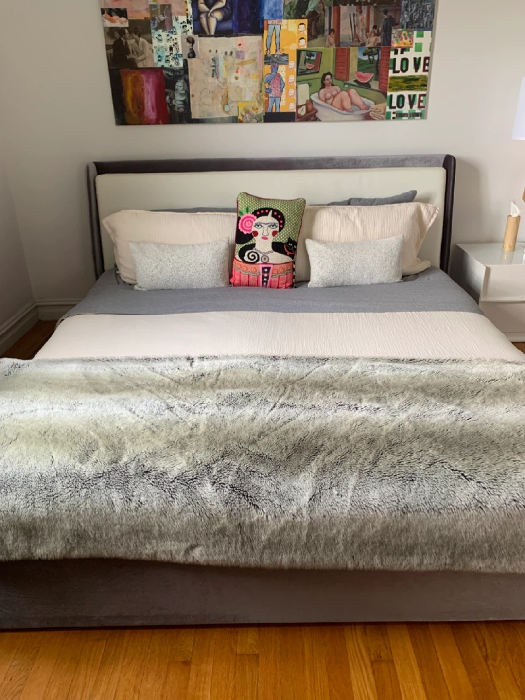 Modern Upholstered King Platform- Cream and Grey Velvet