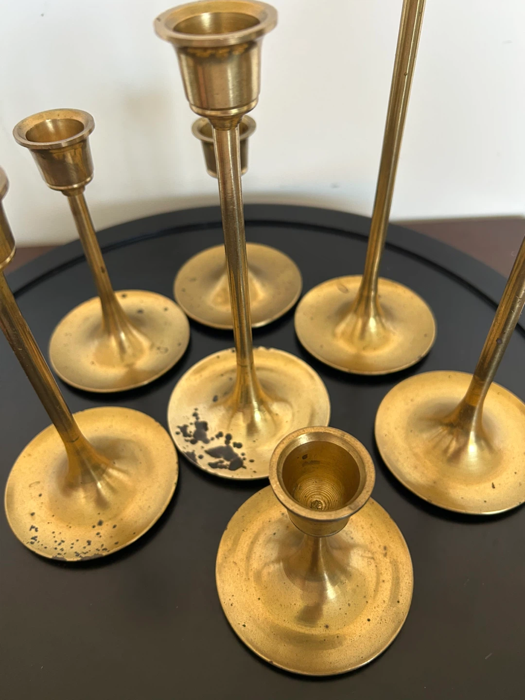 Vintage Brass  Candlestick Holders - Set of 7 - MCM Trumpet Base - photo 4