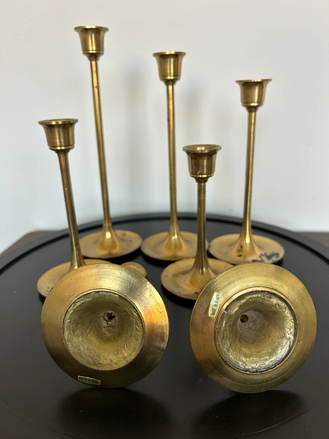 Vintage Brass  Candlestick Holders - Set of 7 - MCM Trumpet Base - photo 3