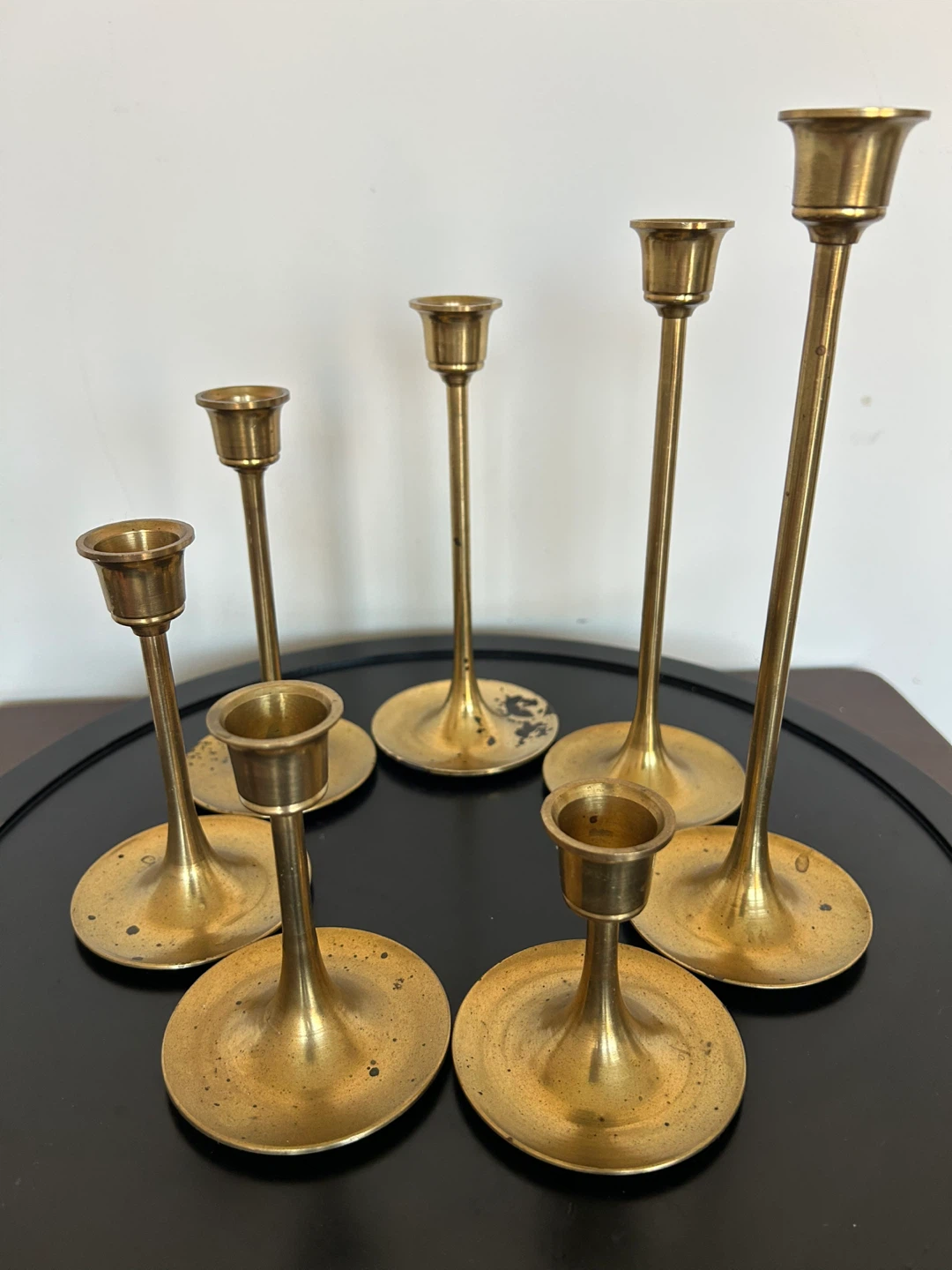 Vintage Brass  Candlestick Holders - Set of 7 - MCM Trumpet Base
