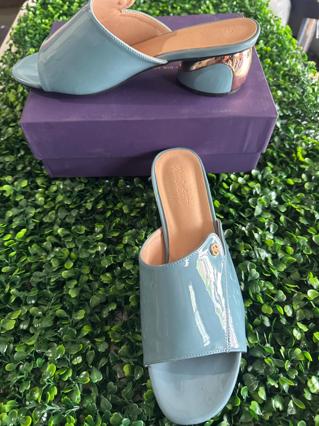 Light Blue Patent Mules with Block Heel - photo 3