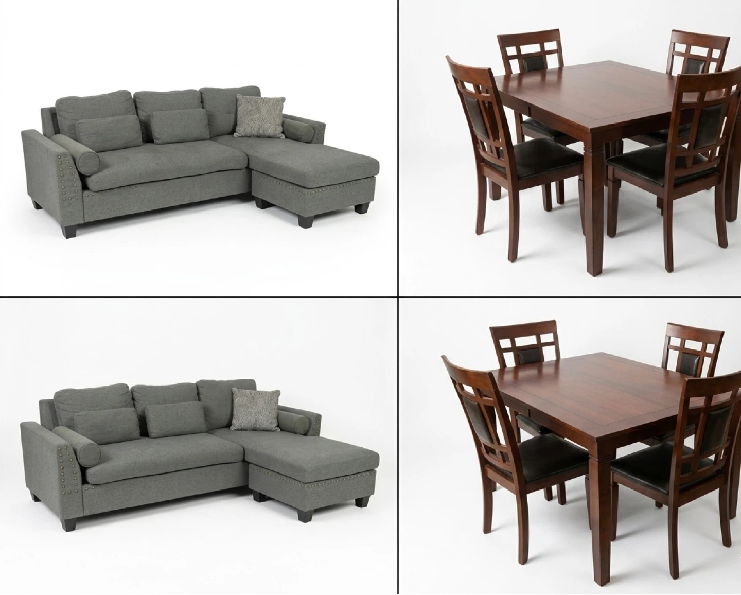 Sofá seccional gris y juego de comedor de madera oscura