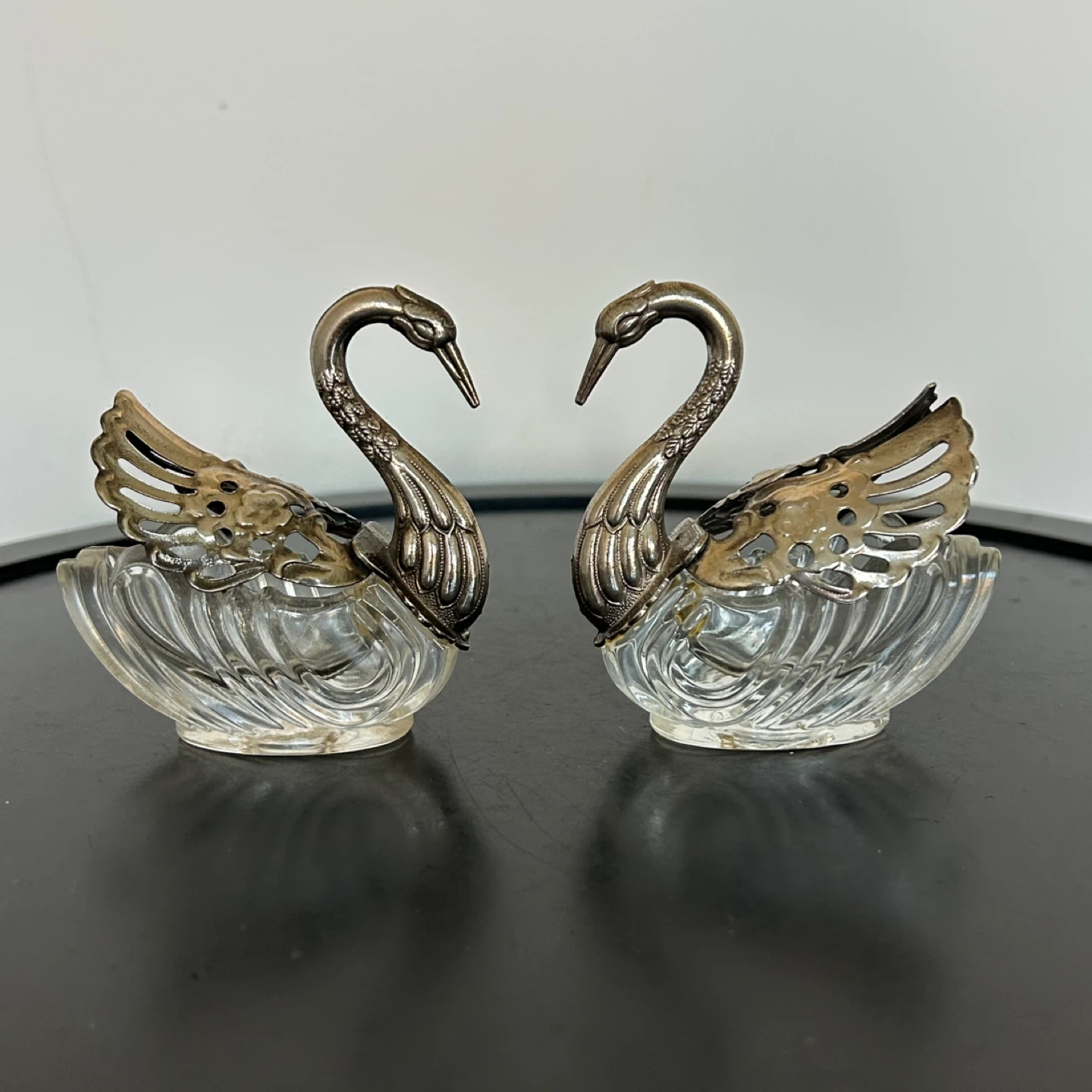 Vintage Silver Plated & Glass Swan Salt Cellars - Pair
