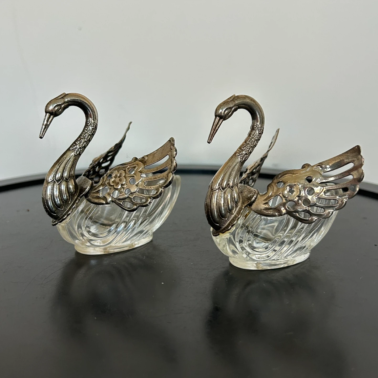 Vintage Silver Plated & Glass Swan Salt Cellars - Pair - photo 3