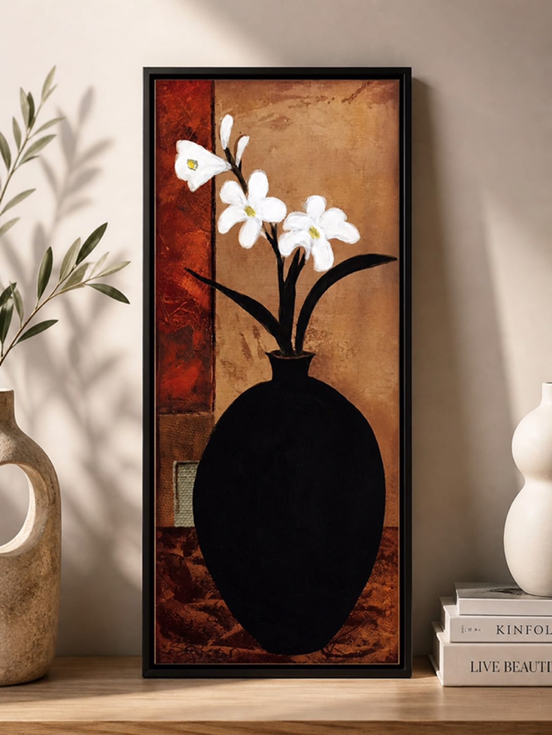 Framed Wall Art - White Flowers in Black Vase