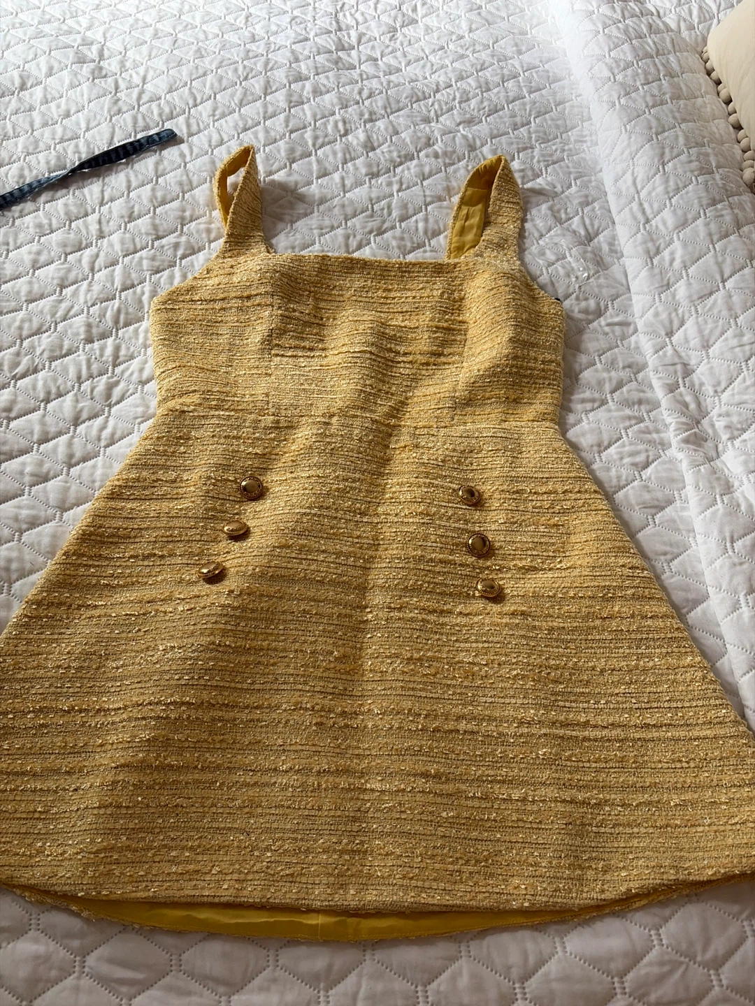 Yellow Textured Mini Dress with Gold Buttons