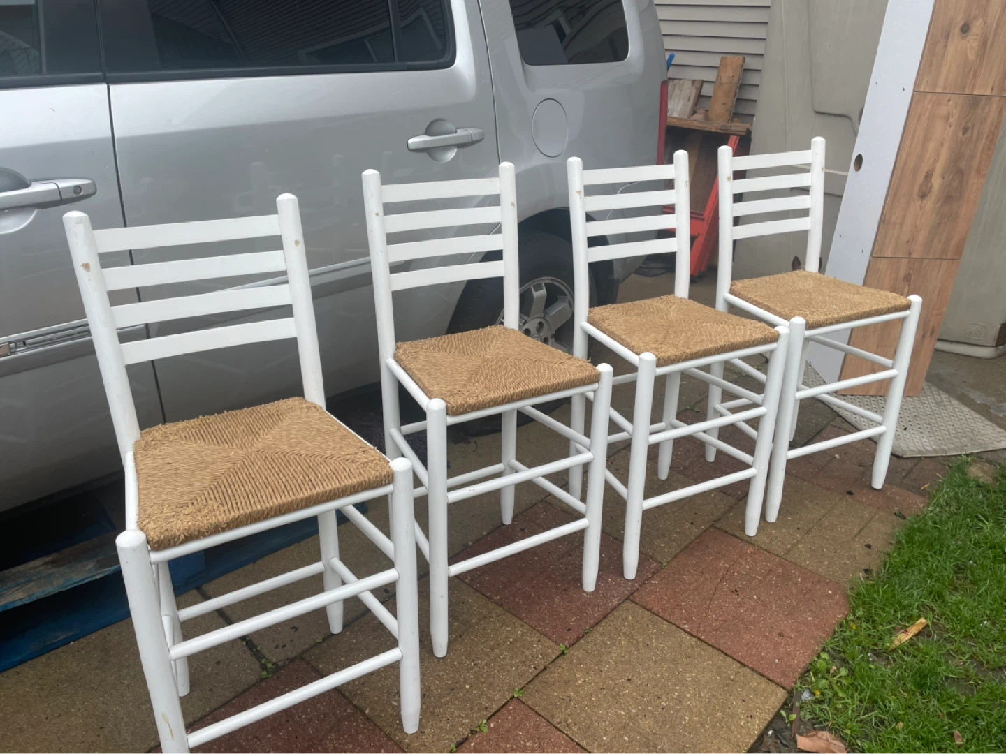 Set of 4 White Counter Height Stools with Woven Seats