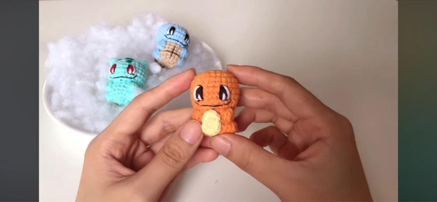 Crocheted Pokémon Charmander, Squirtle, and Bulbasaur Figurines