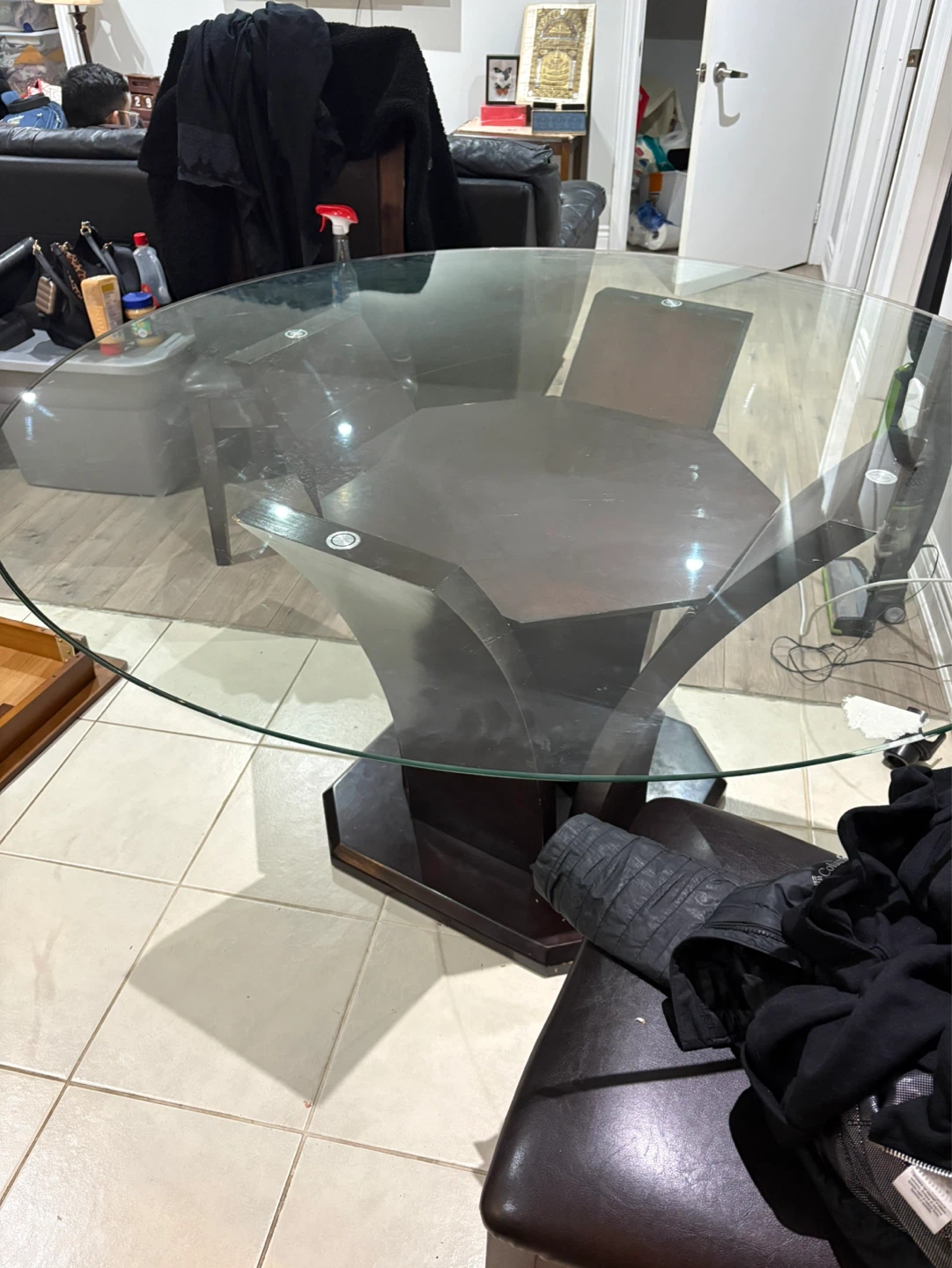 Glass top dining table with dark wood base - photo 2
